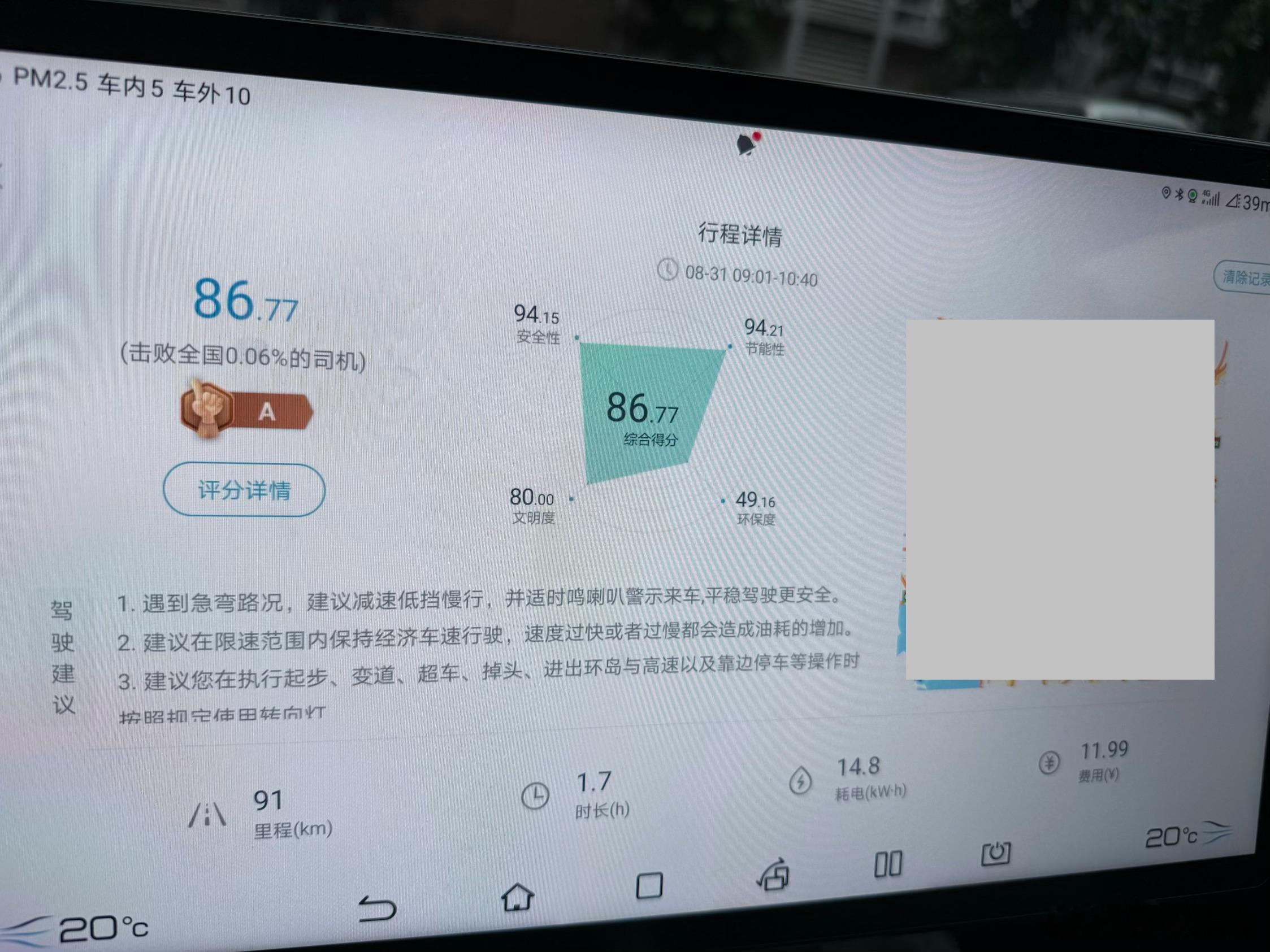雨天 20 度空调，平均时速 54kph，百公里电耗 16.3 度，对于 3 年