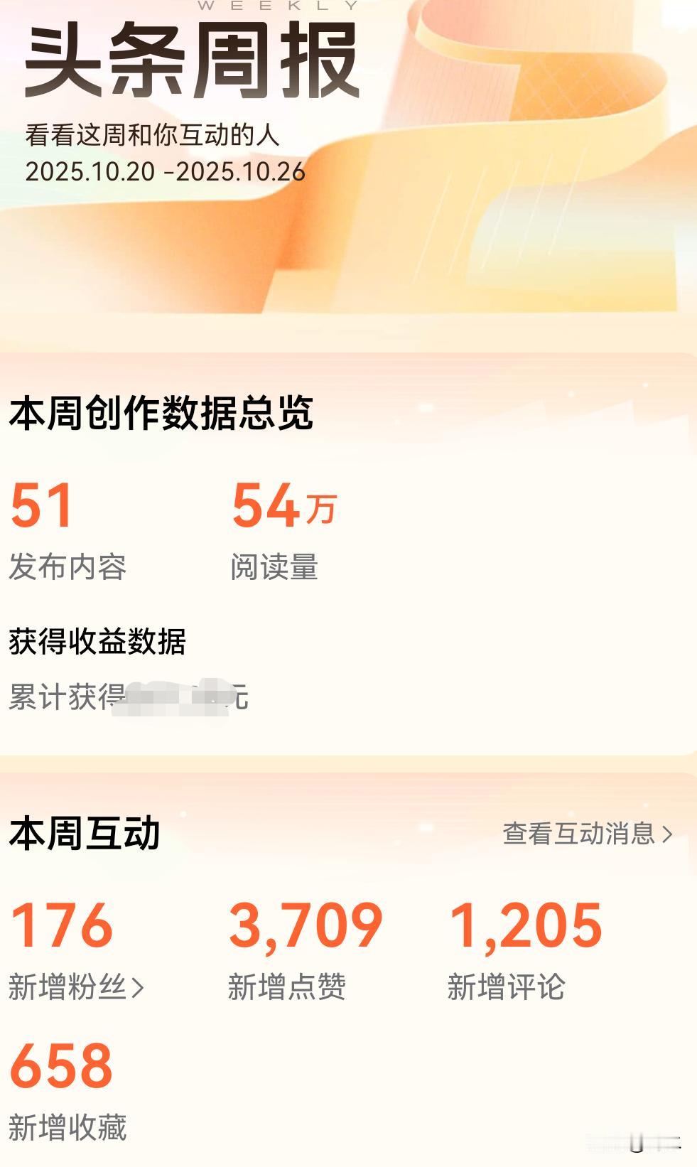 刚刚，收到上周的头条周报，54万阅读量不高，和上上周持平，创作量也和上周持平，没