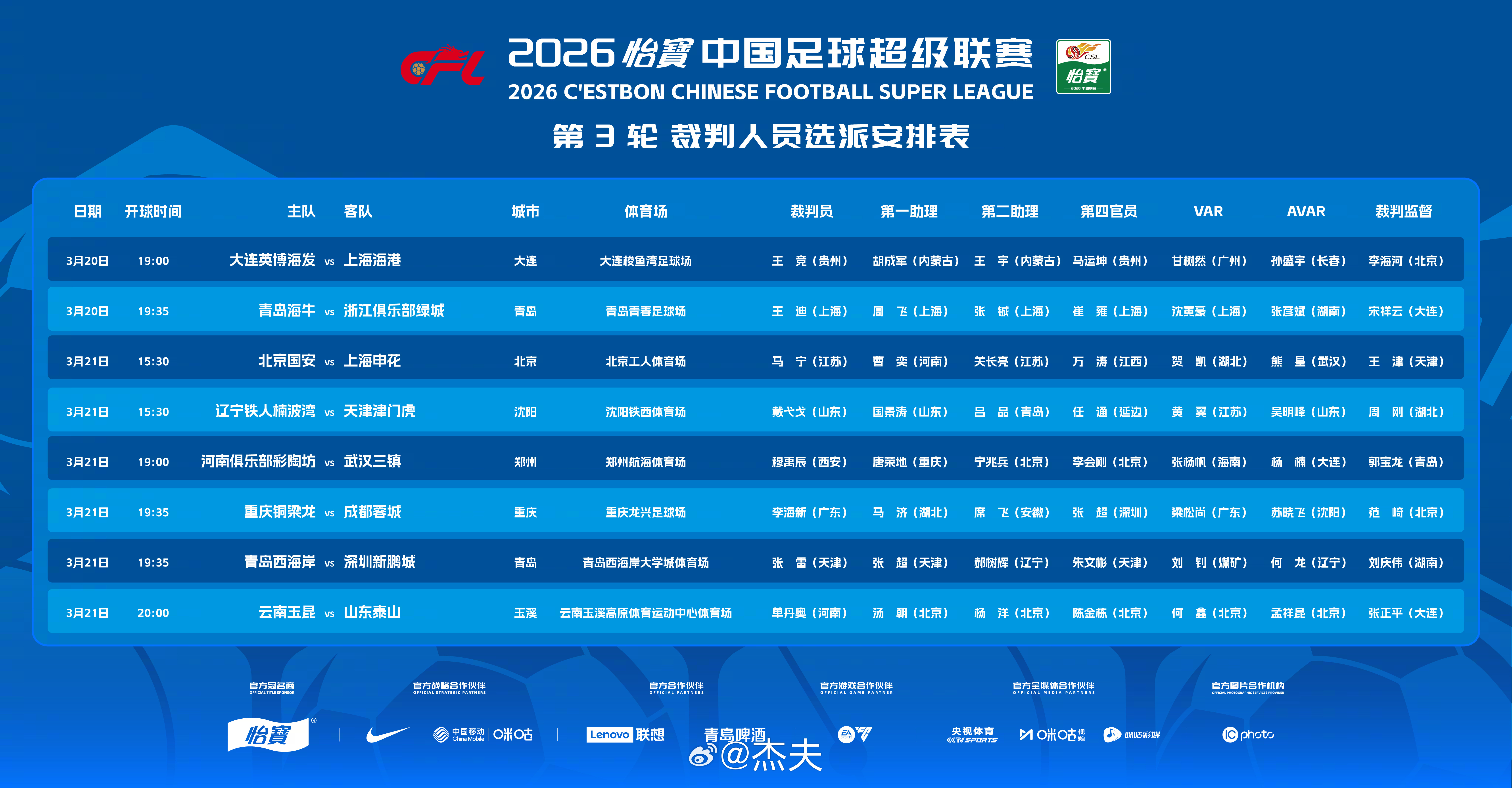 2026中超联赛第3轮，足协裁判指派情况出炉：重庆铜梁龙vs成都蓉城 主裁判：李