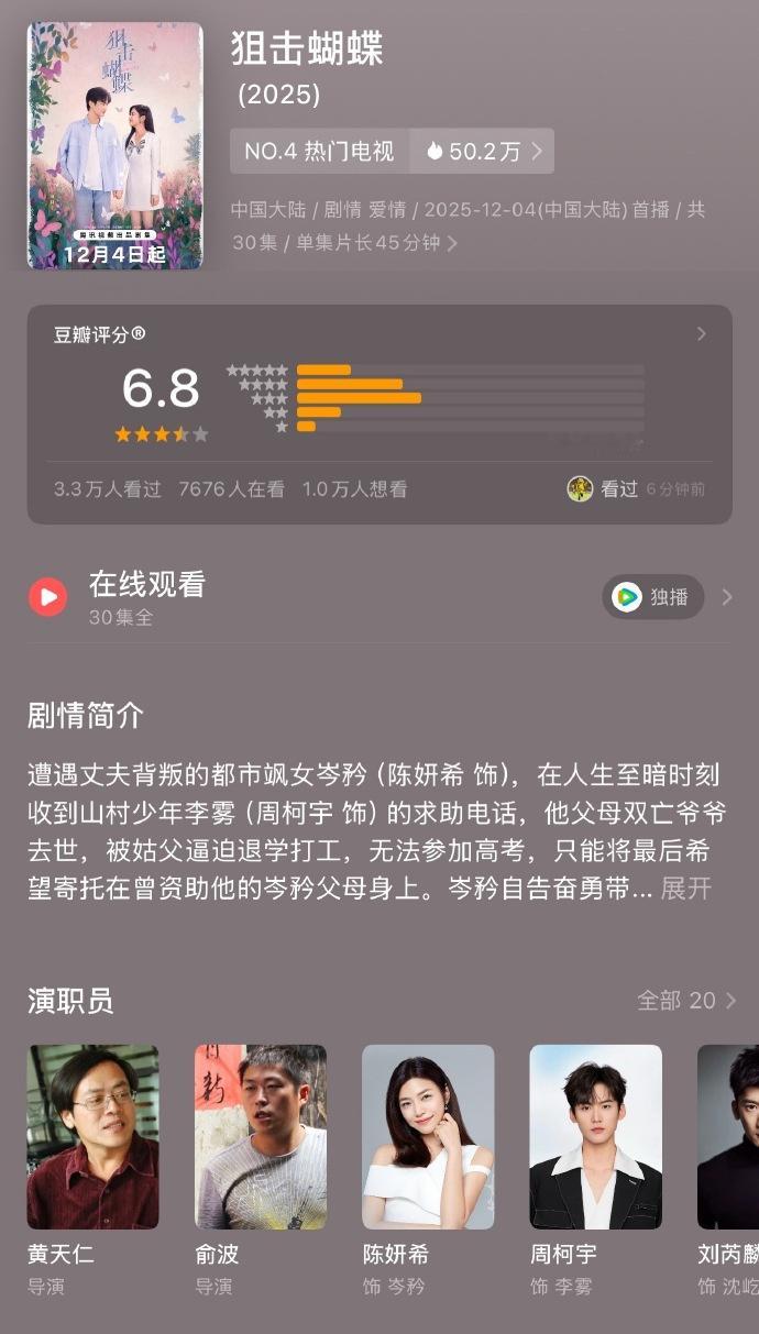 狙击蝴蝶豆瓣开分了狙击蝴蝶豆瓣6.8低了 狙击蝴蝶豆瓣开分了，6.8分低了哈，这