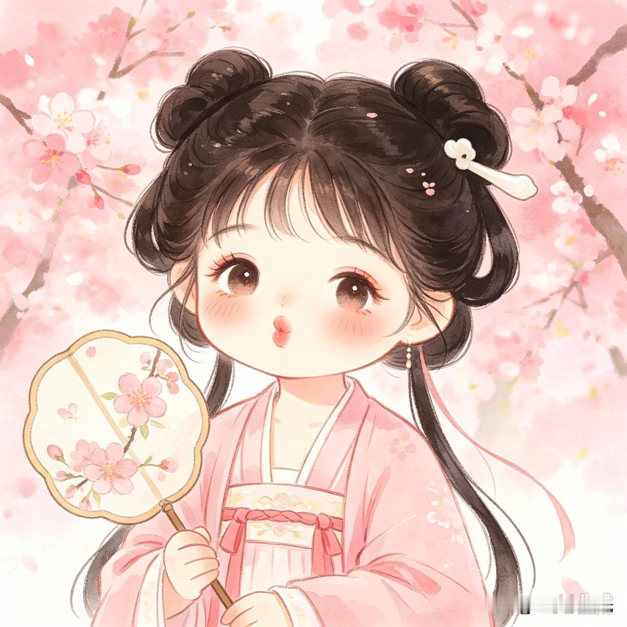 岁岁春风如约至，漫山桃花温柔盛放🌸
软糯可爱的古风小少女伫立花海间，双髻灵动，