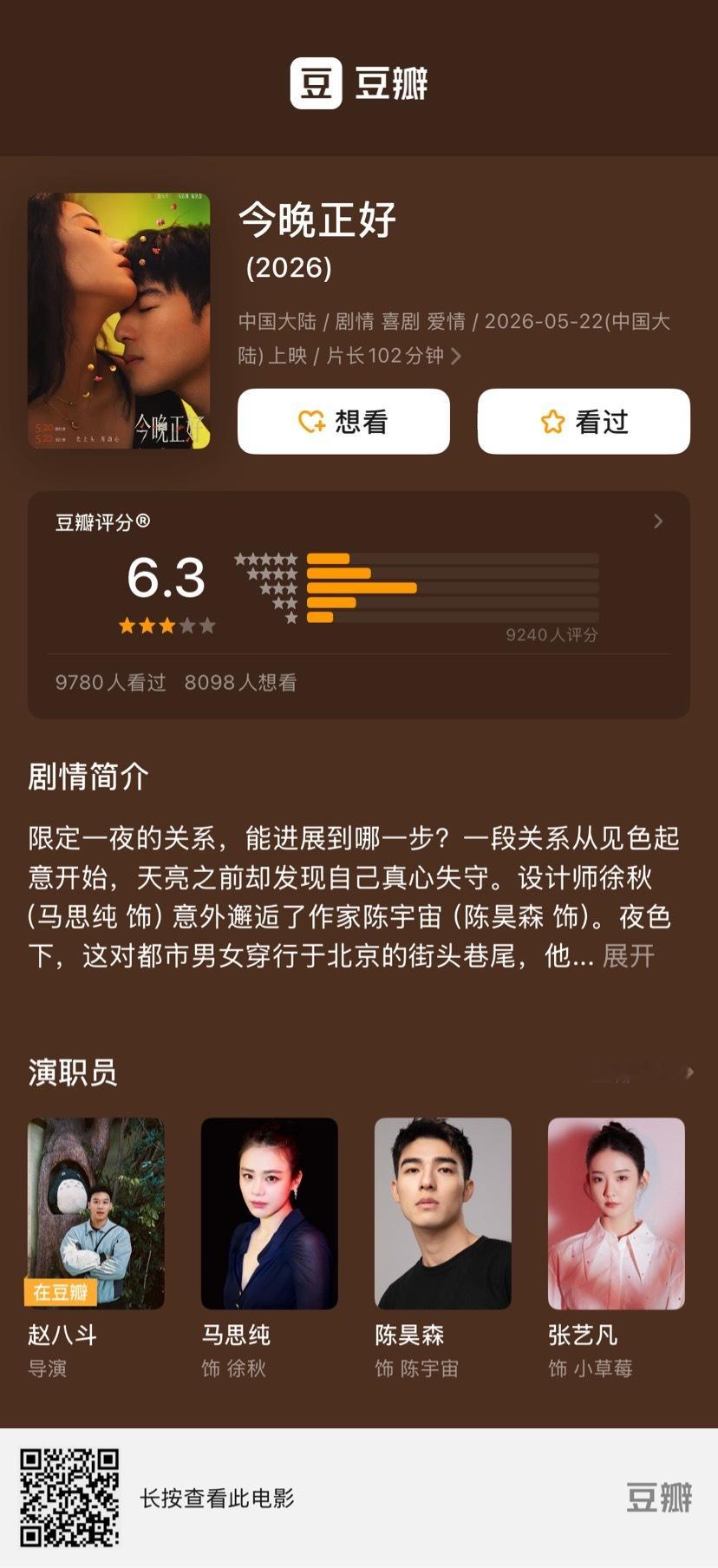 赵八斗执导，马思纯、陈昊森主演电影《今晚正好》豆瓣开分6.3，高了还是低了？ 