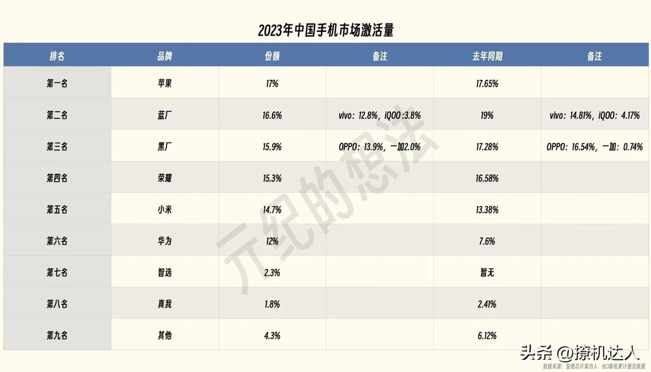 2023年中国手机市场激活量排行榜：

第一名，苹果
第二名，蓝厂
第三名，黑厂