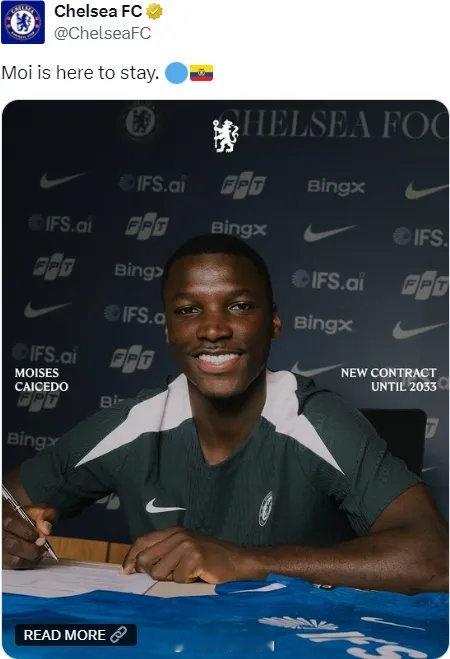 官方：切尔西宣布凯塞多签下了一份新的涨薪合同，这份新合同2033年到期。自202