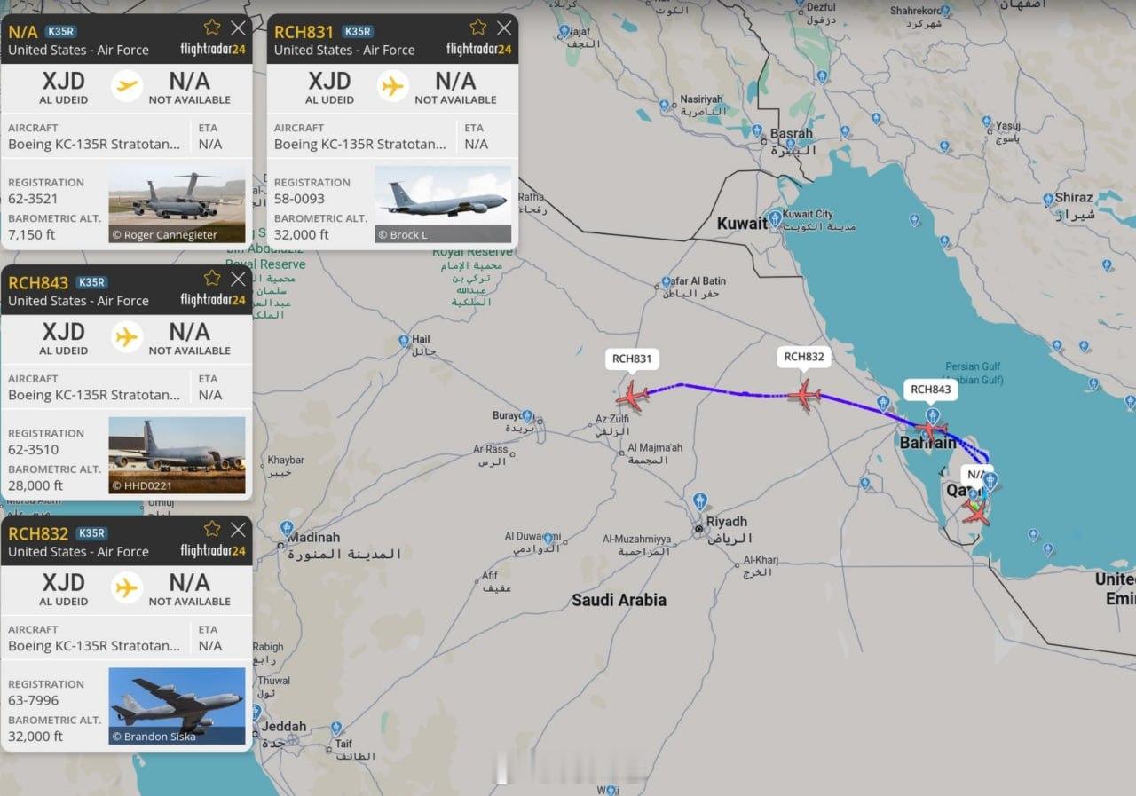 四架美国 KC-135R 拱顶加油机已从阿尔乌德德空军基地起飞。由于沙特阿拉伯和