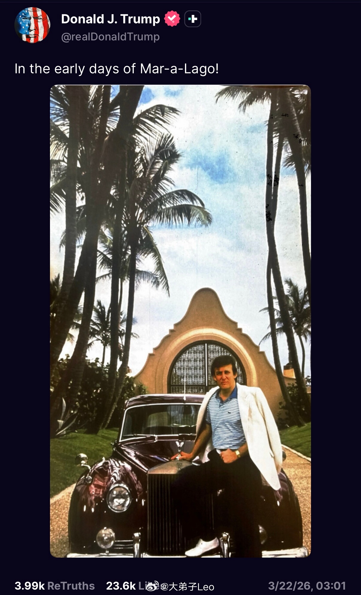 特朗普发布一张80年代在海湖庄园开劳斯莱斯的照片 