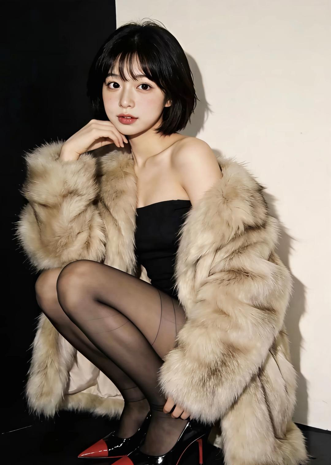 整体造型
女子身着黑色抹胸紧身衣，勾勒出流畅的肩颈线条与曼妙身姿，外搭一件浅咖色