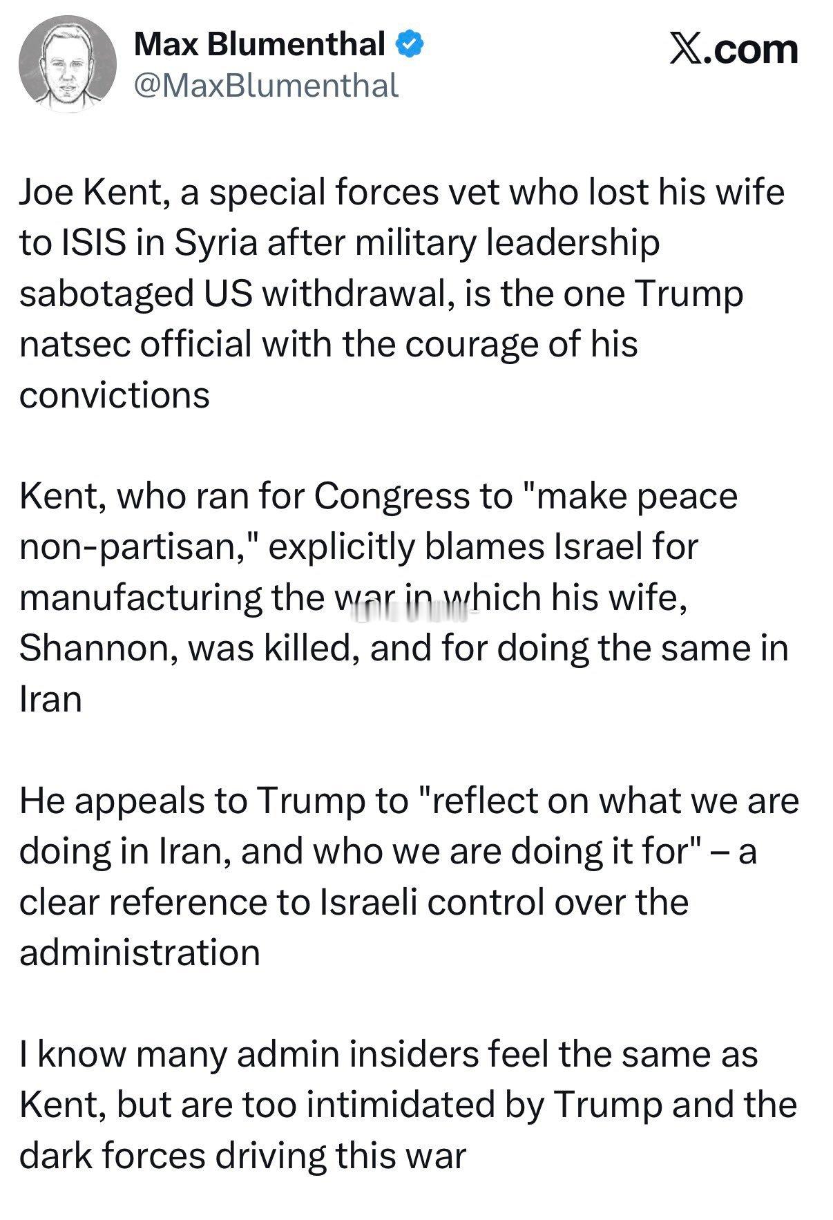 乔·肯特今年46岁。他是一位特种部队退伍军人。他的妻子在叙利亚被ISIS杀害，而