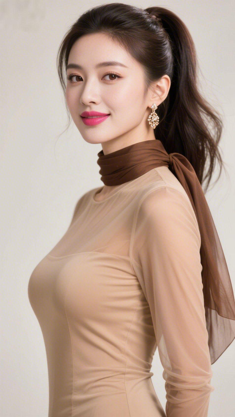 《棕纱间的柔雾光》
 
浅棕纱衣晕着温软的色调，像把秋日晨雾里的柔光，细细织进了