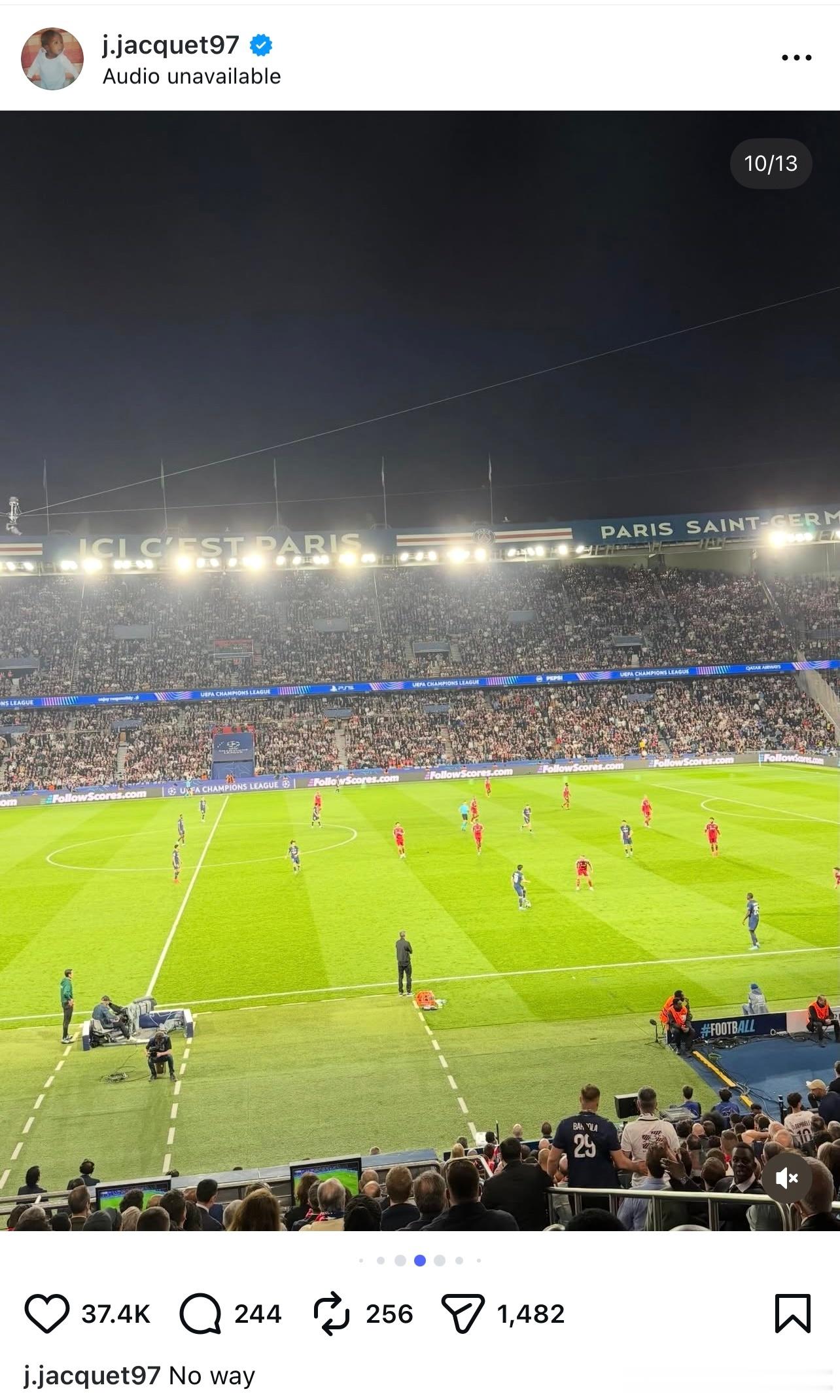 养伤的雅凯也去现场看了我军和巴黎的首回合比赛 