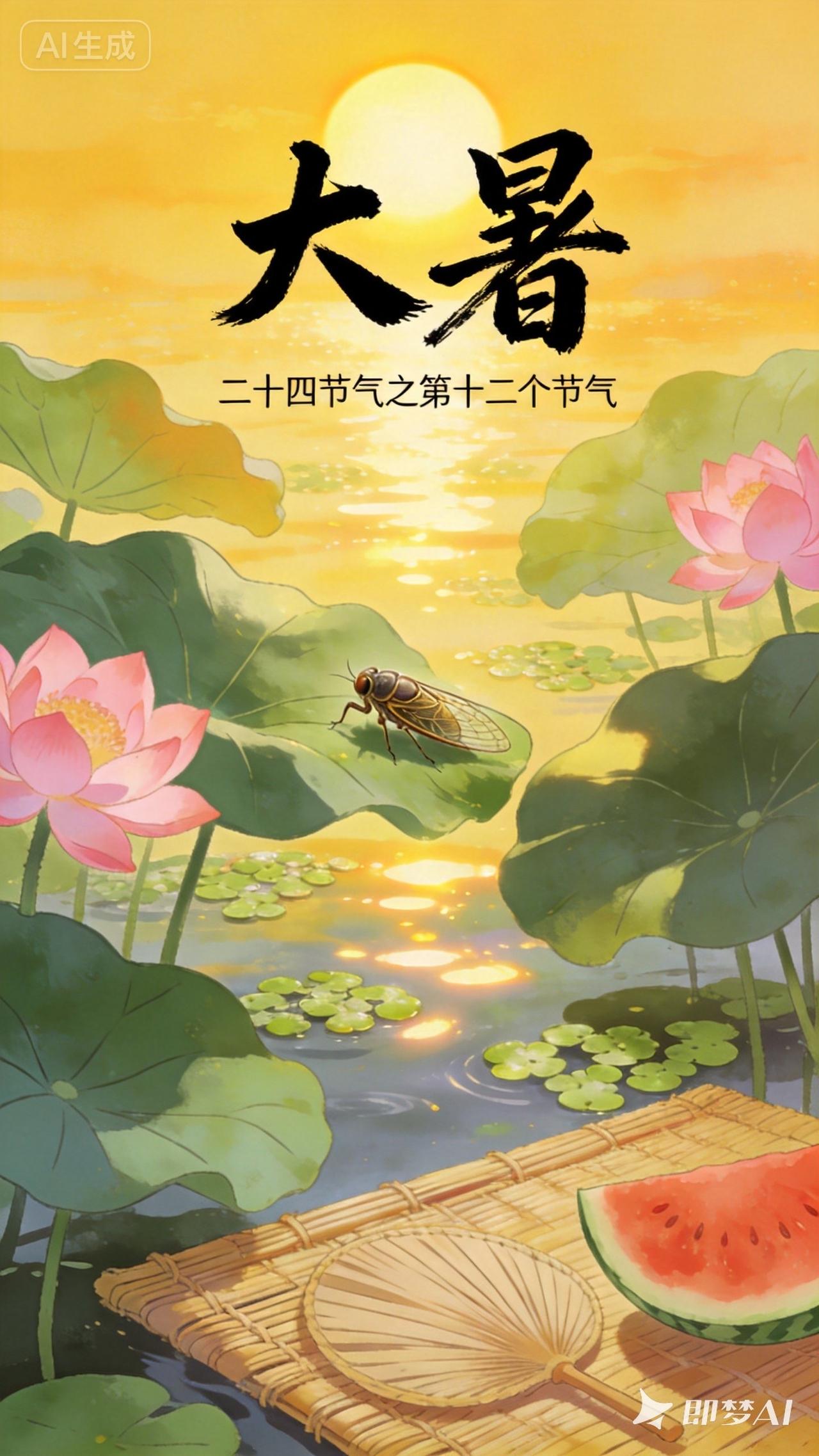 今日大暑。它是二十四节气第十二个节气，亦是夏季收官的节气，代表一年酷热的顶峰。每
