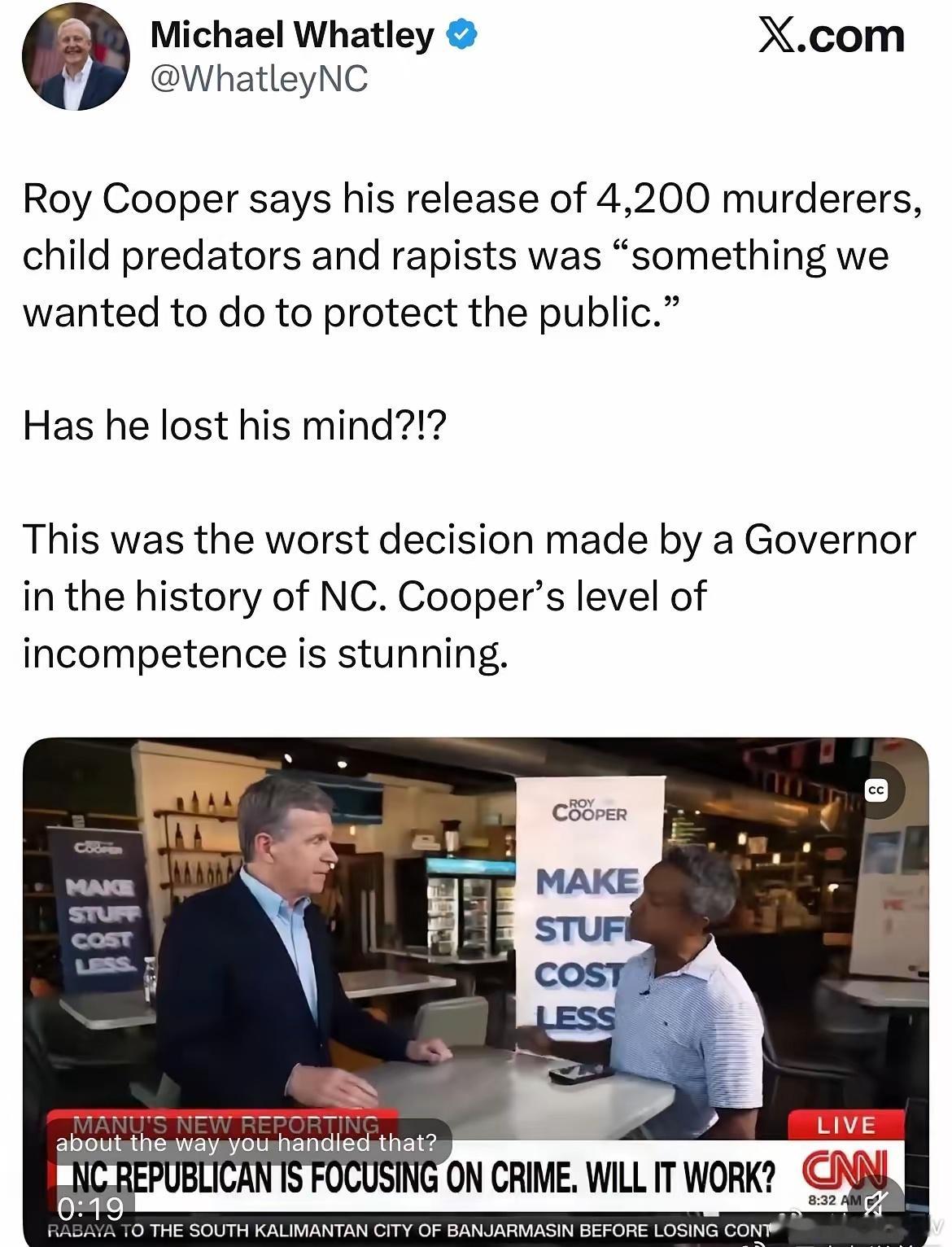 美国北卡前民主党州长Roy Cooper说，他释放了4200名包括谋杀强奸等重罪