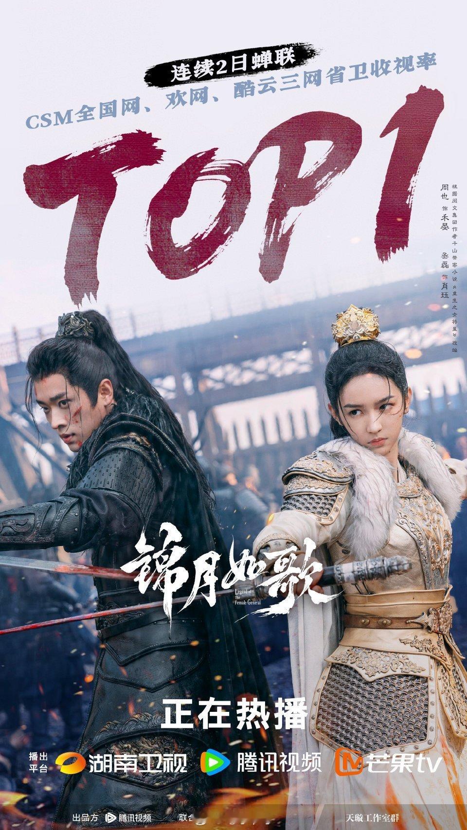 锦月如歌三网收视TOP1 连续两日蝉联 CSM全国网、欢网、酷云三网省卫收视率T