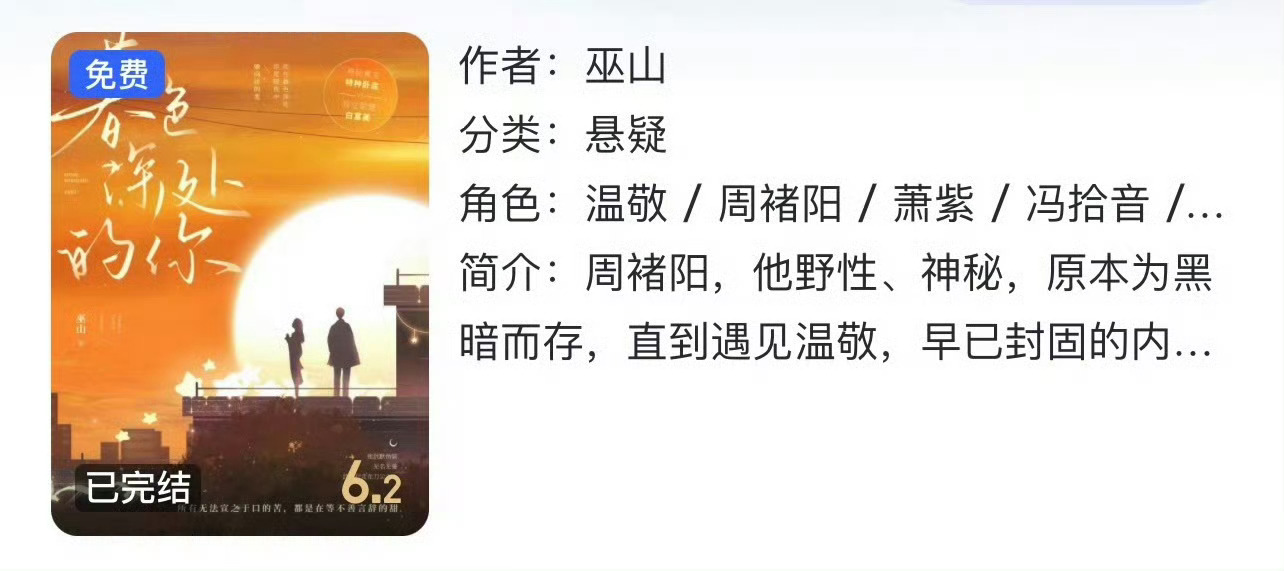 小说推荐：《暮色深处的你》 作者:巫山简评：独立聪慧白富美vs神秘寡言特种卧底，
