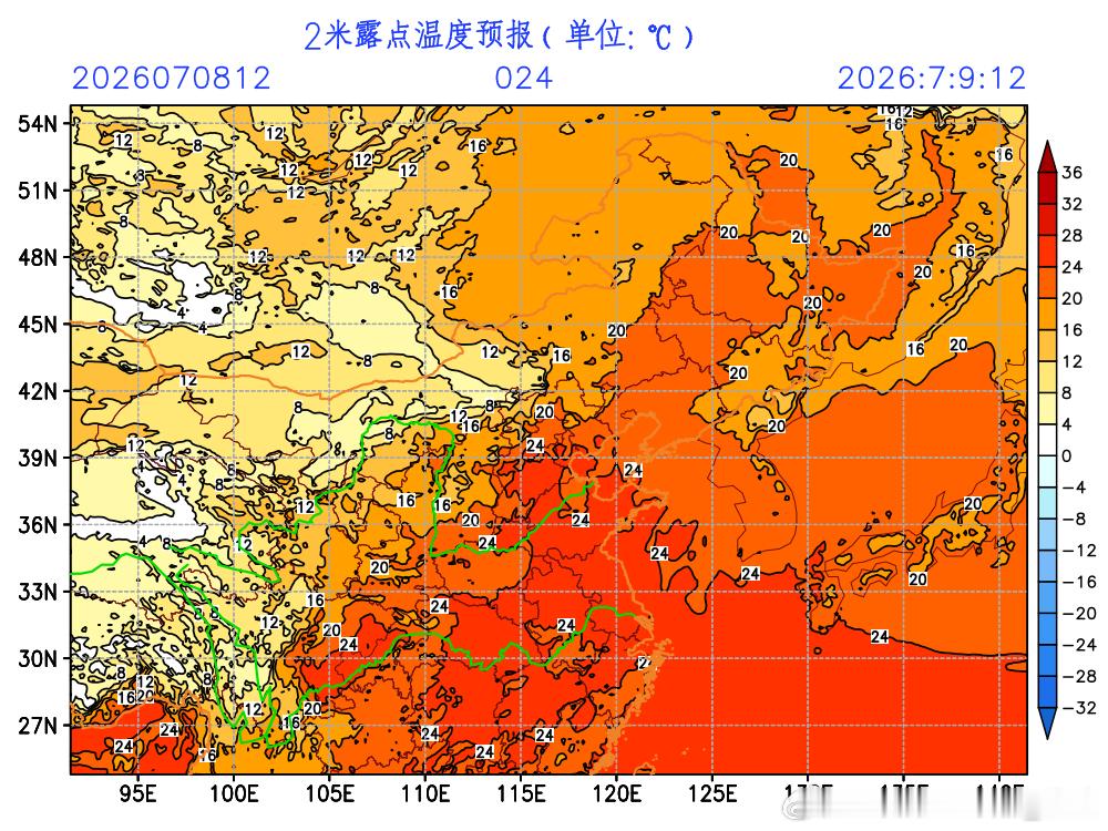 【闷热】未来我国闷热天气会发展增多。图1-6为7月日9日-14日，露水凝结点温度
