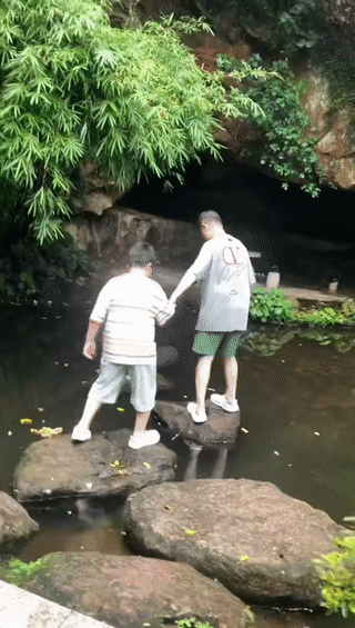 爸爸牵着儿子的手一起过小溪。
结果父子俩最后却双双滑倒在了小溪溪水里？