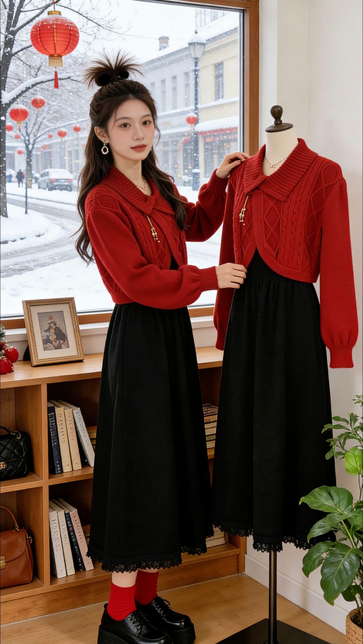 Danny逛街时被这套新年战袍一眼戳中，红毛衣的麻花纹路自带复古感，搭黑长裙刚好