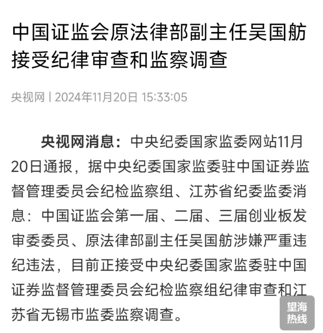 中国证监会原法律部副主任吴国舫被查，此前曾被传失联