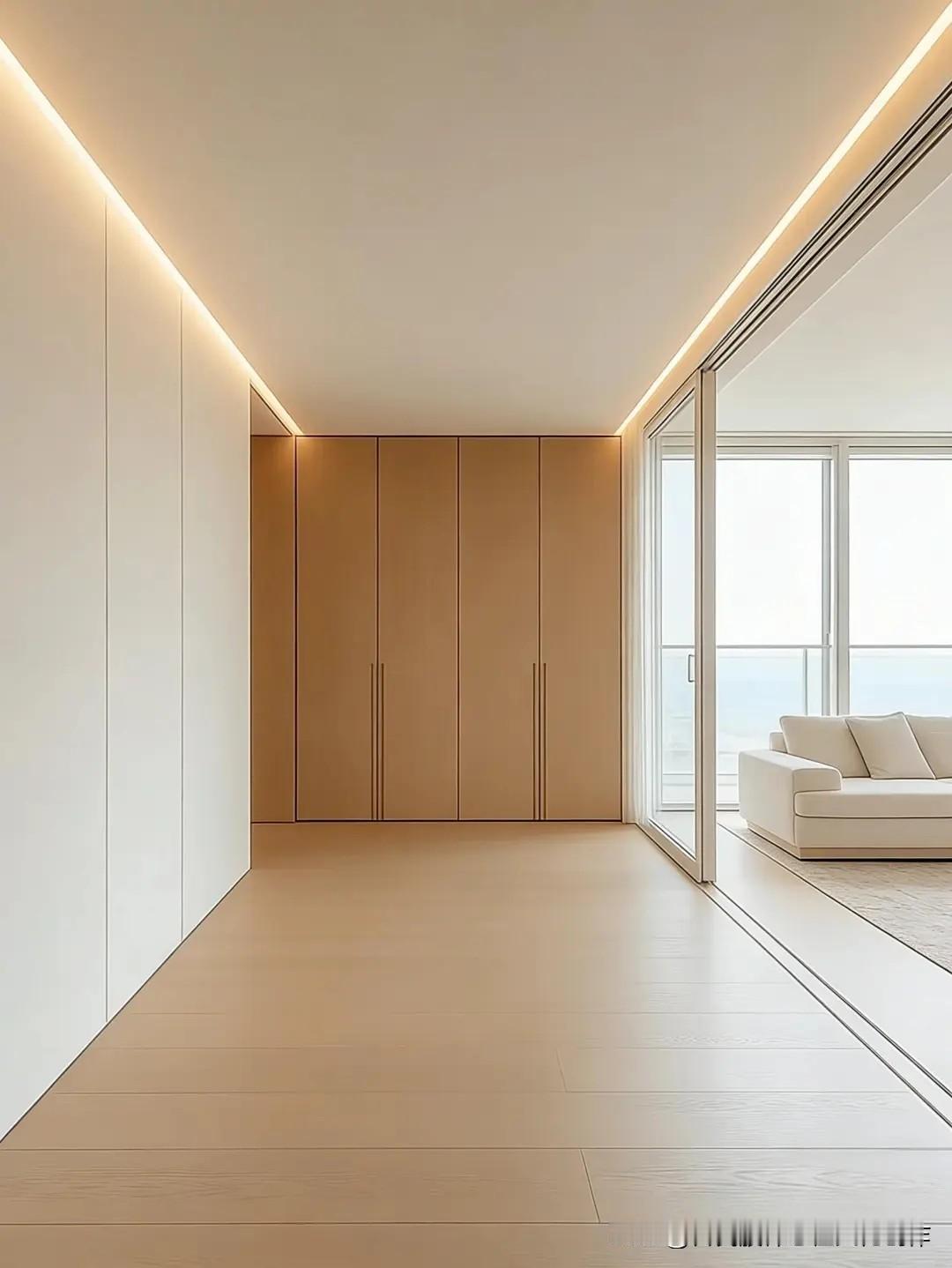 极简原木风精妙地将实用性与整体美感相融合。就像隐藏式储物柜，能让杂物在全屋悄然遁