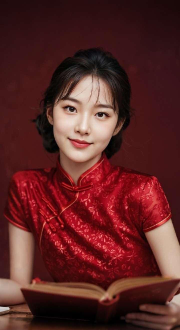 AI扩图 AI红裙浅笑