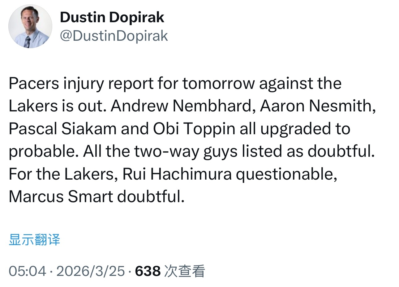 步行者更新伤病情况：内姆哈德、内史密斯、西亚卡姆、奥比托平四人大概率出战。双向合