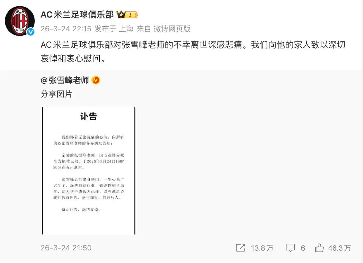 张雪峰是AC米兰的球迷，他去世之后，AC米兰转发了张雪峰的讣告，并且还发了一篇悼