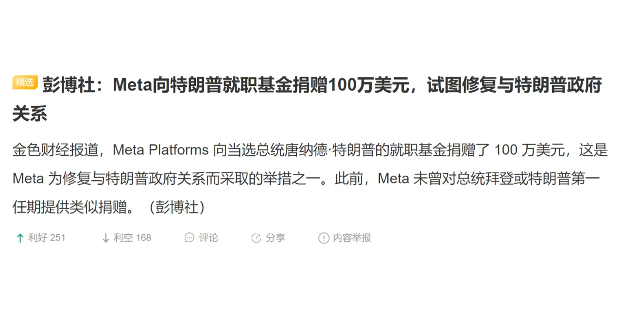 彭博社：Meta向特朗普就职基金捐赠100万美元，试图修复与特朗普政府关系