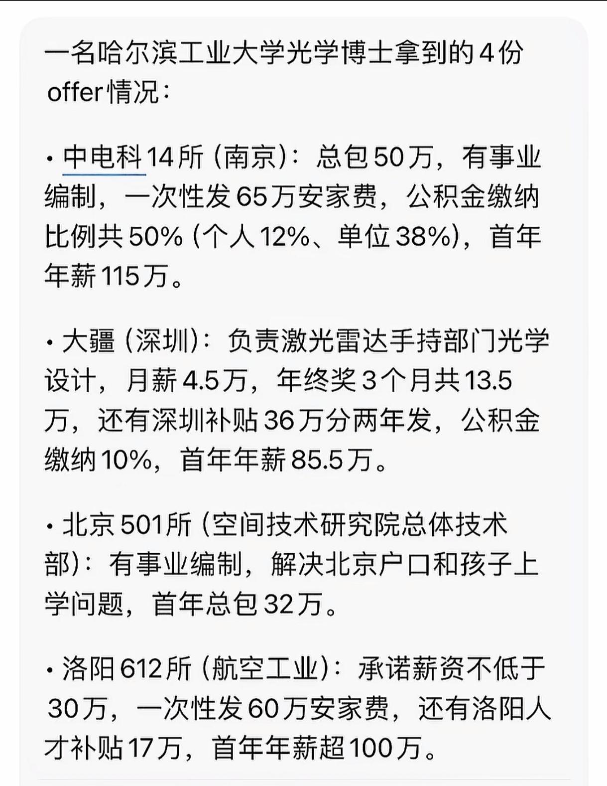 这是一个哈工大光学博士能拿到的offer。
所以，在中国最公平的一条路就是高考，
