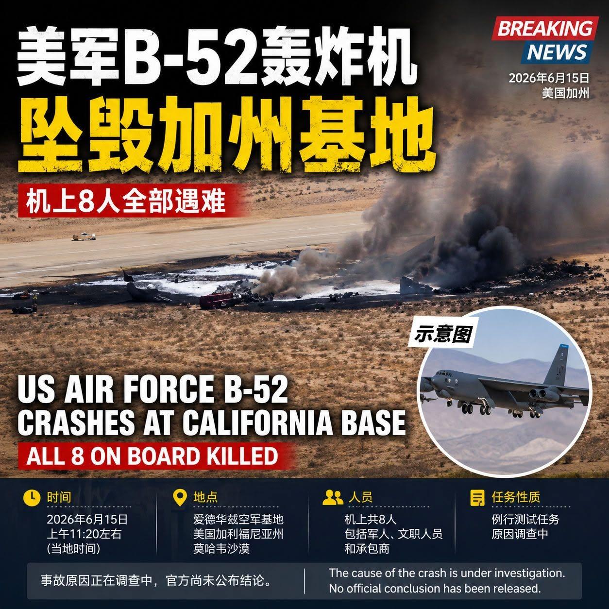 B-52叒坠毁了！这次损失有点惨，测试雷达现代化升级，多名技术人员正在轰炸机上！