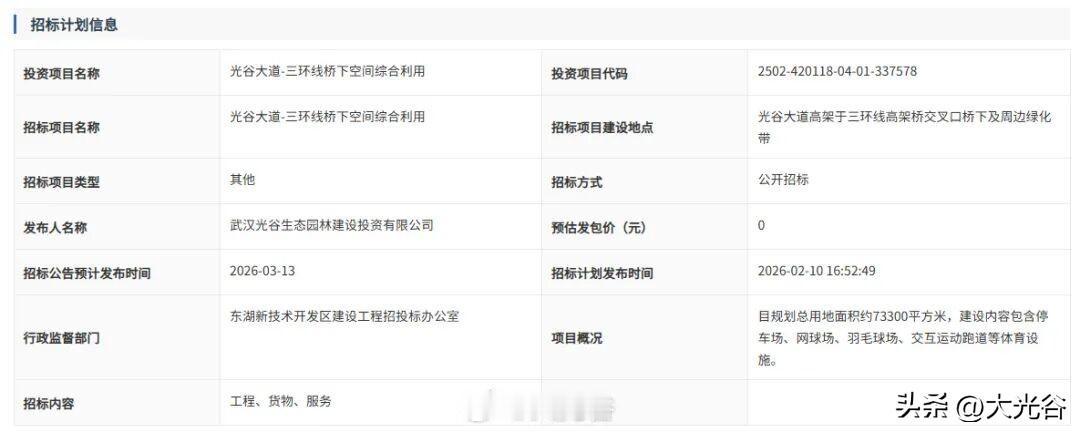 光谷大道-三环线桥下空间综合利用项目启动！近日，从武汉市公共资源交易中心获悉，光