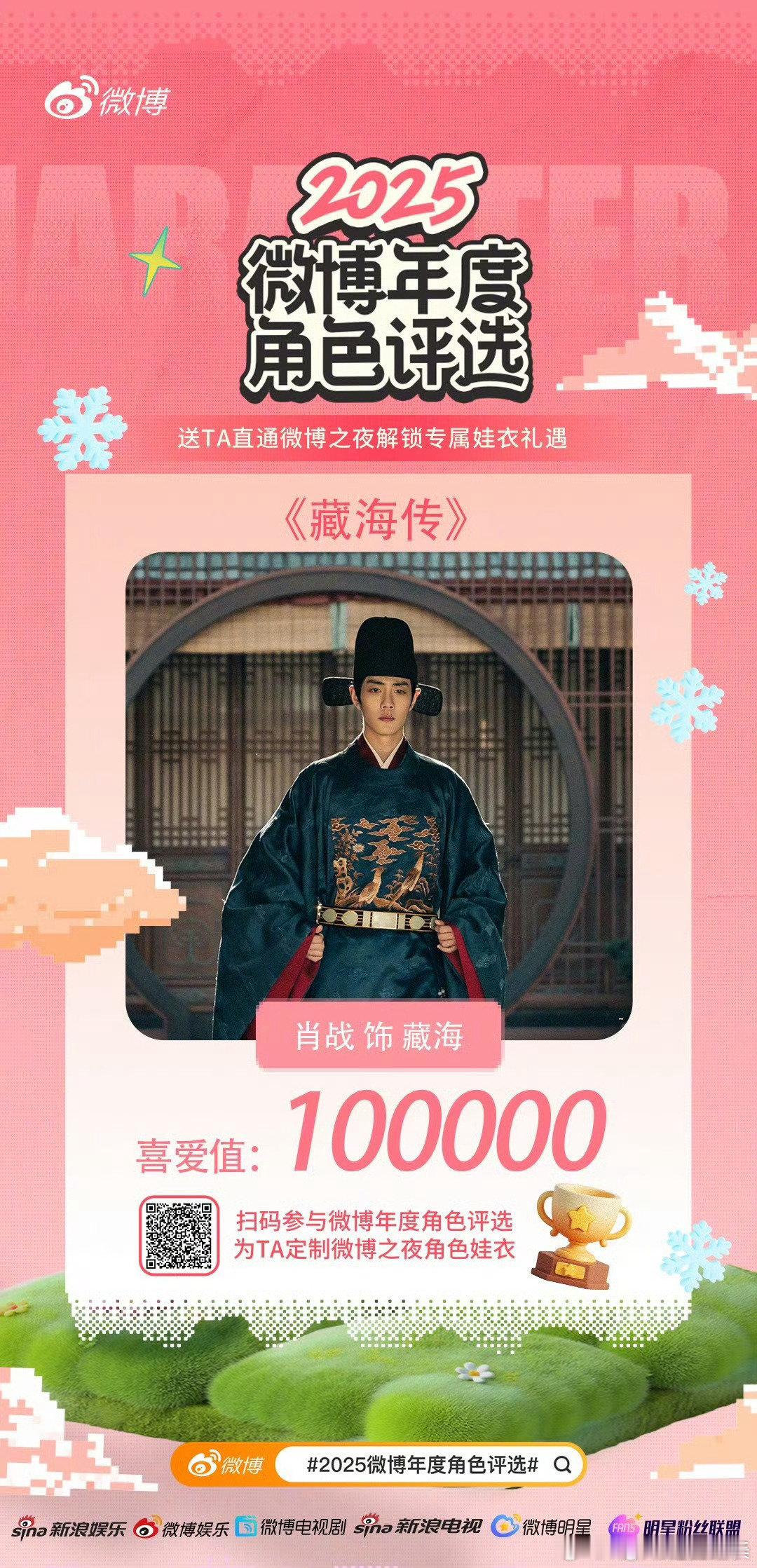 肖战藏海喜爱值破5万恭喜肖战饰演的藏海，以超10万喜爱值强势登顶微博年度角色评选
