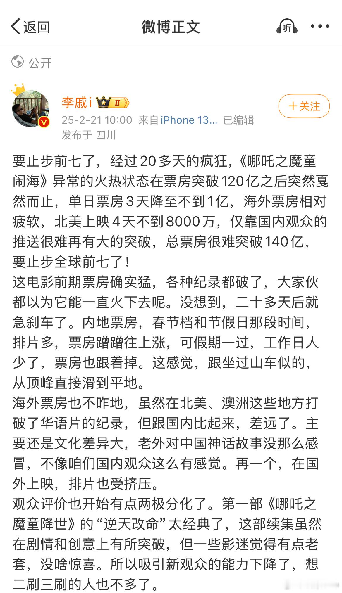 哪吒2已超128亿 现在阴阳怪气《哪吒2》的博主确实都不敢再立吃屎的小目标了，它