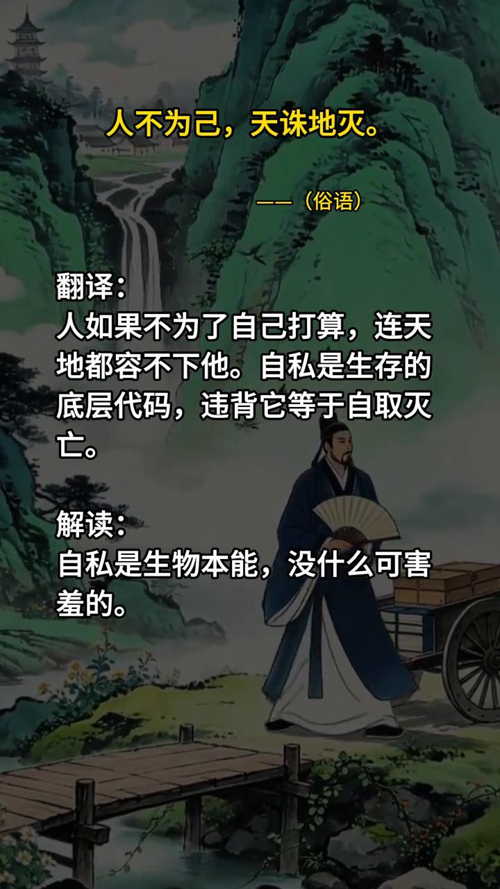 人不为己，天诛地灭。--(俗语)。
翻译：人如果不为了自己打算，连天地都容不下他