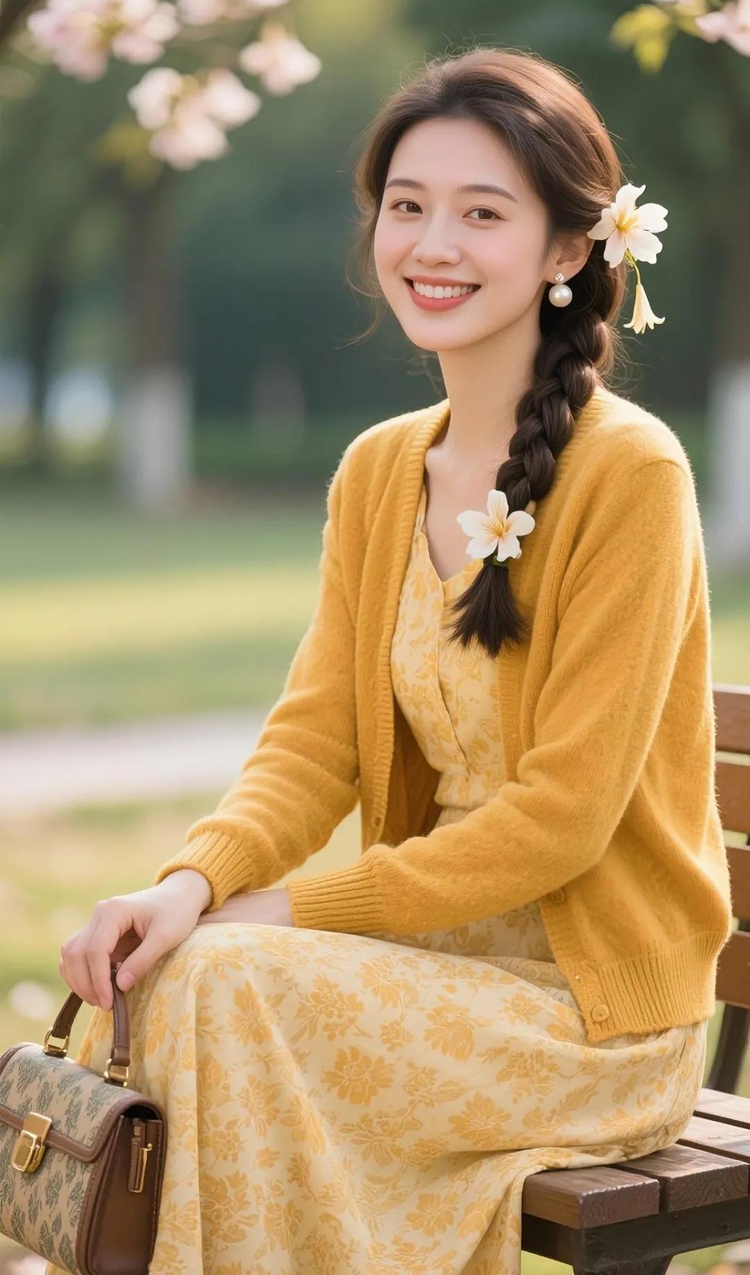 阳光明媚的公园里，一位可爱的姑娘坐在长椅上，微笑着看着镜头。