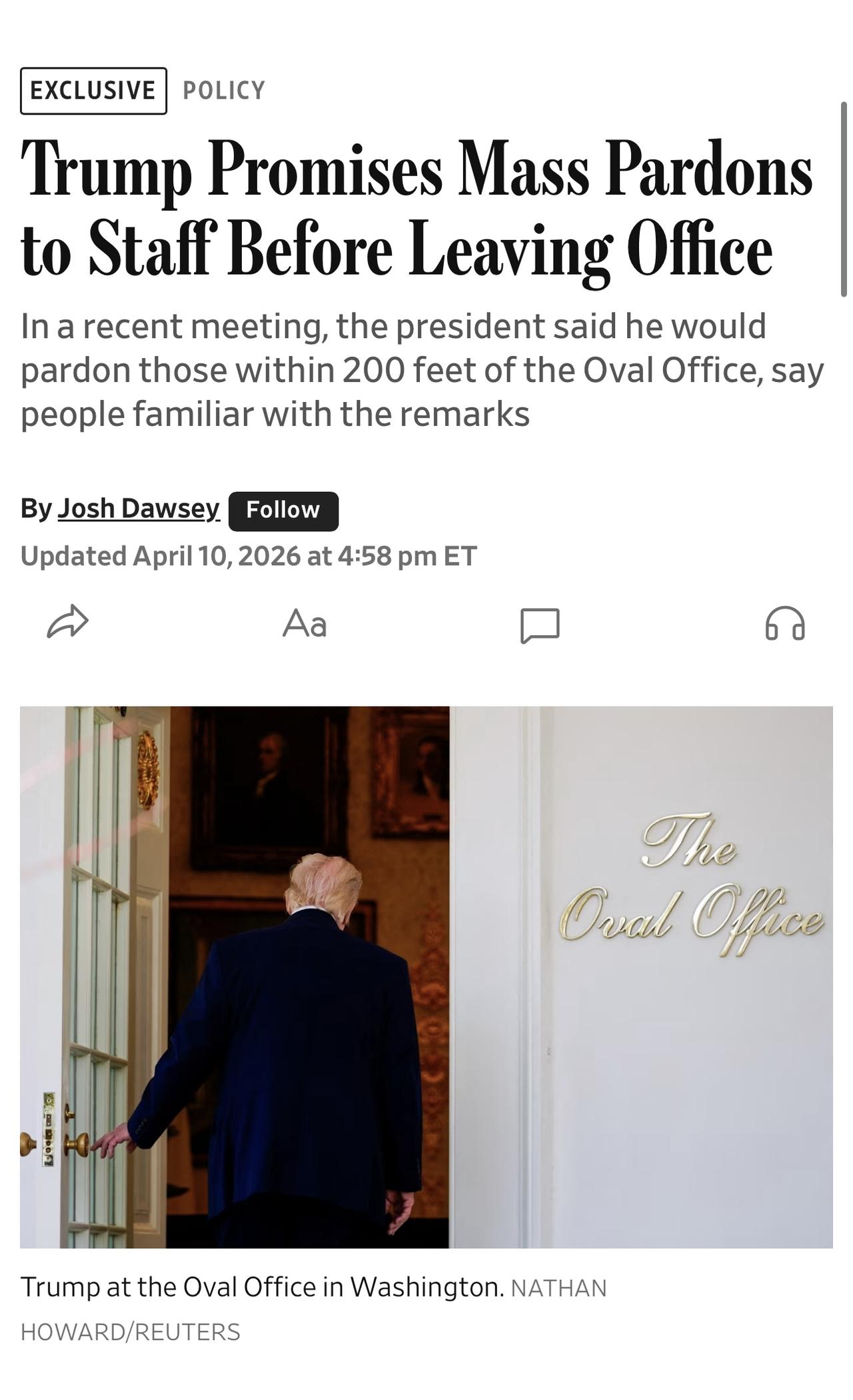 特朗普承诺在离任前为他的工作人员大规模赦免。

《华尔街日报》报道，在最近的一次