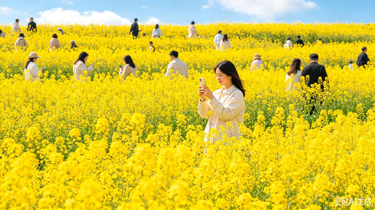 百里油菜花海
百里菜花尽染黄，
无垠沃野散芬芳。
接天锦浪铺千嶂，
满野金英沐煦