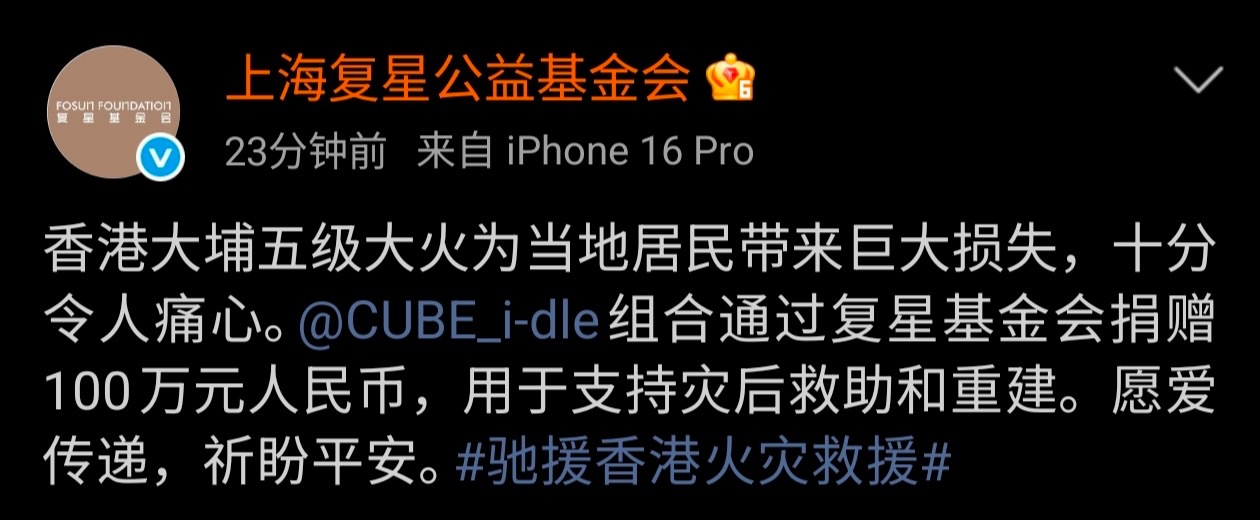 idle为香港灾区捐款一百万人民币 