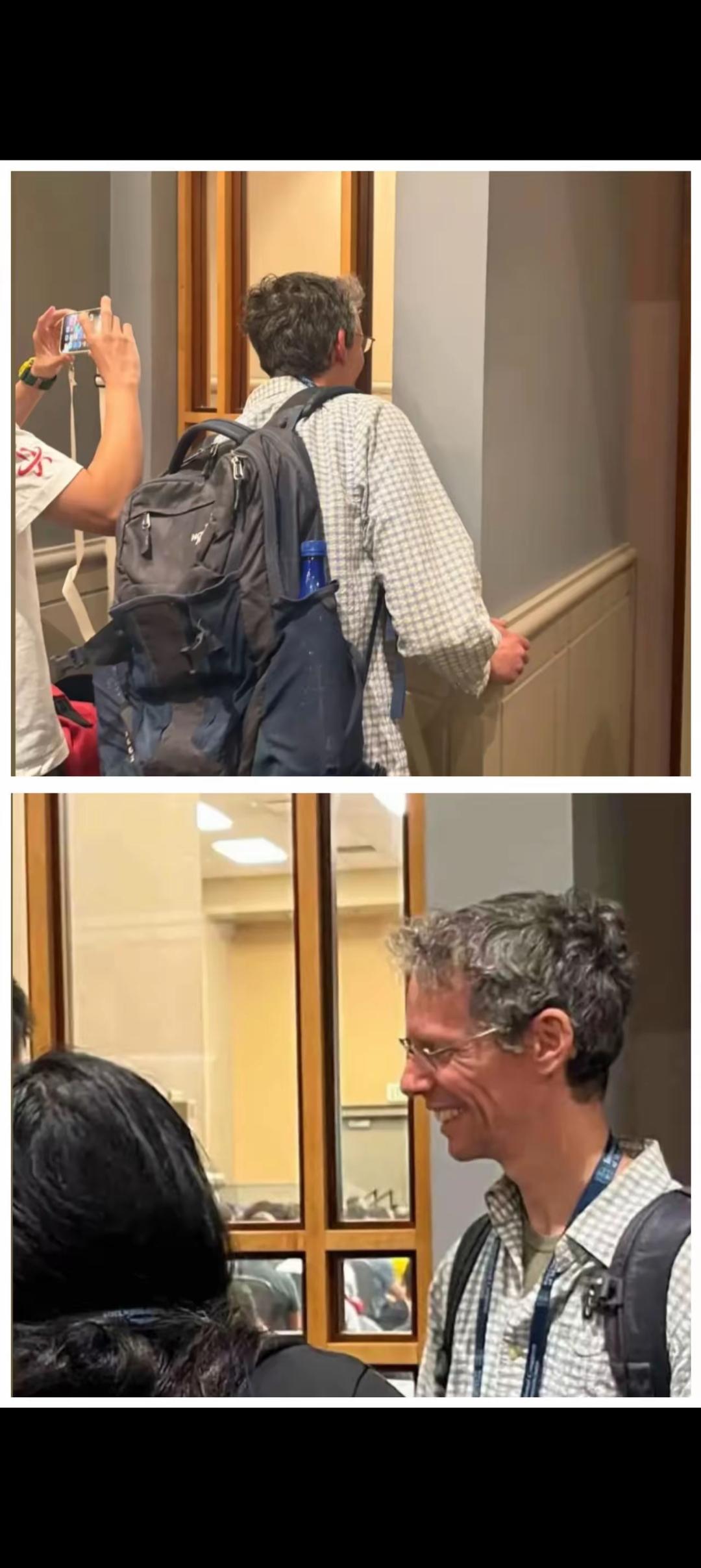 菲尔兹奖获得者王虹在国际数学大会做报告的时候，她的导师拉里古斯站在会场窗外。
