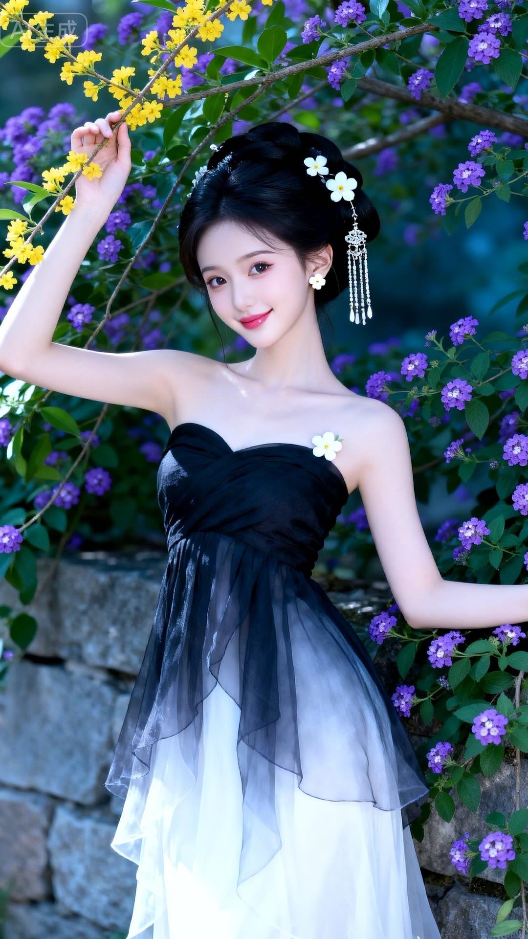 黑纱裙少女与花海，梦幻仙境的浪漫邂逅