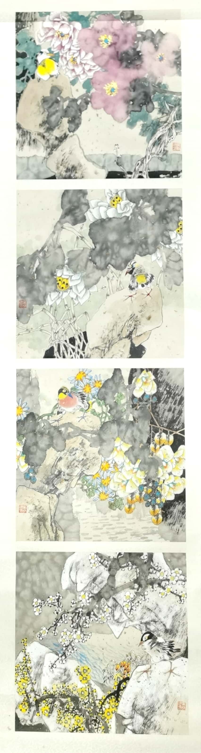 《墨彩交融·自然诗笺》画家以墨为骨、彩为魂，在四幅图中织就自然诗笺。春之粉、夏之