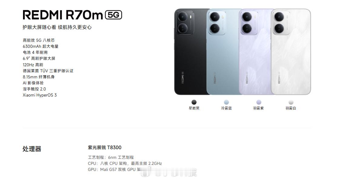 红米R系列更新：新上线两款新机：红米R70、红米R70m红米R70：紫光展锐 T