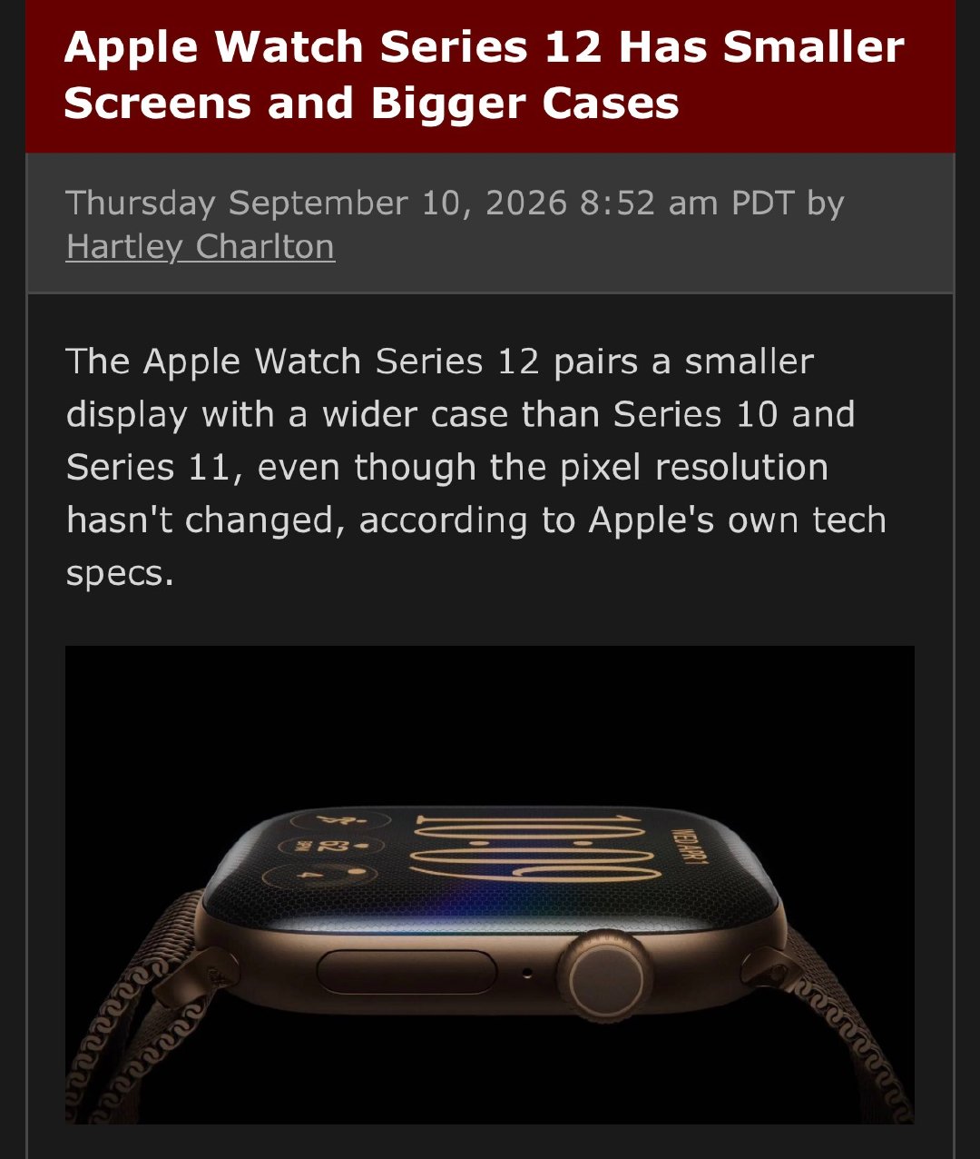 Apple Watch Series 12 有个稍小的屏幕和稍大的机身。就是说：