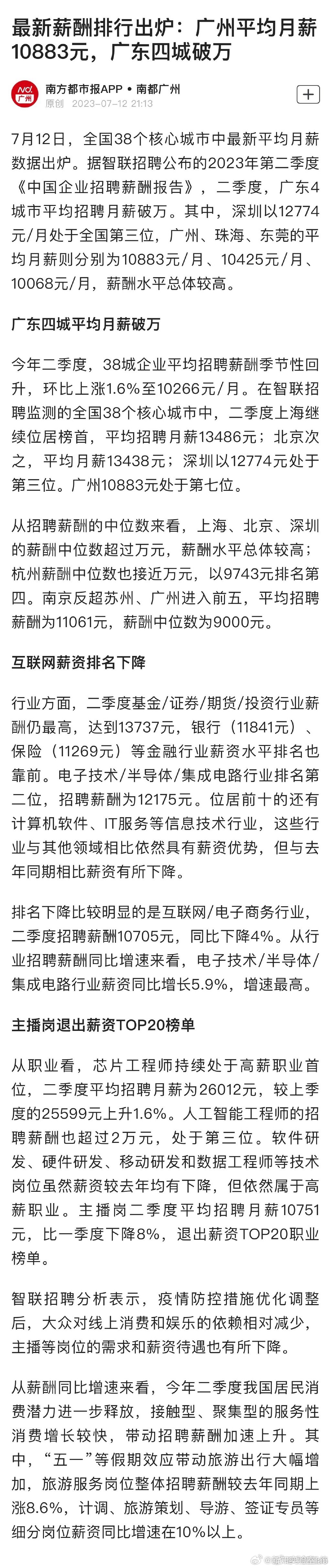 【最新薪酬排行出炉：#广州平均月薪10883元#，#北京平均月薪13438元#】