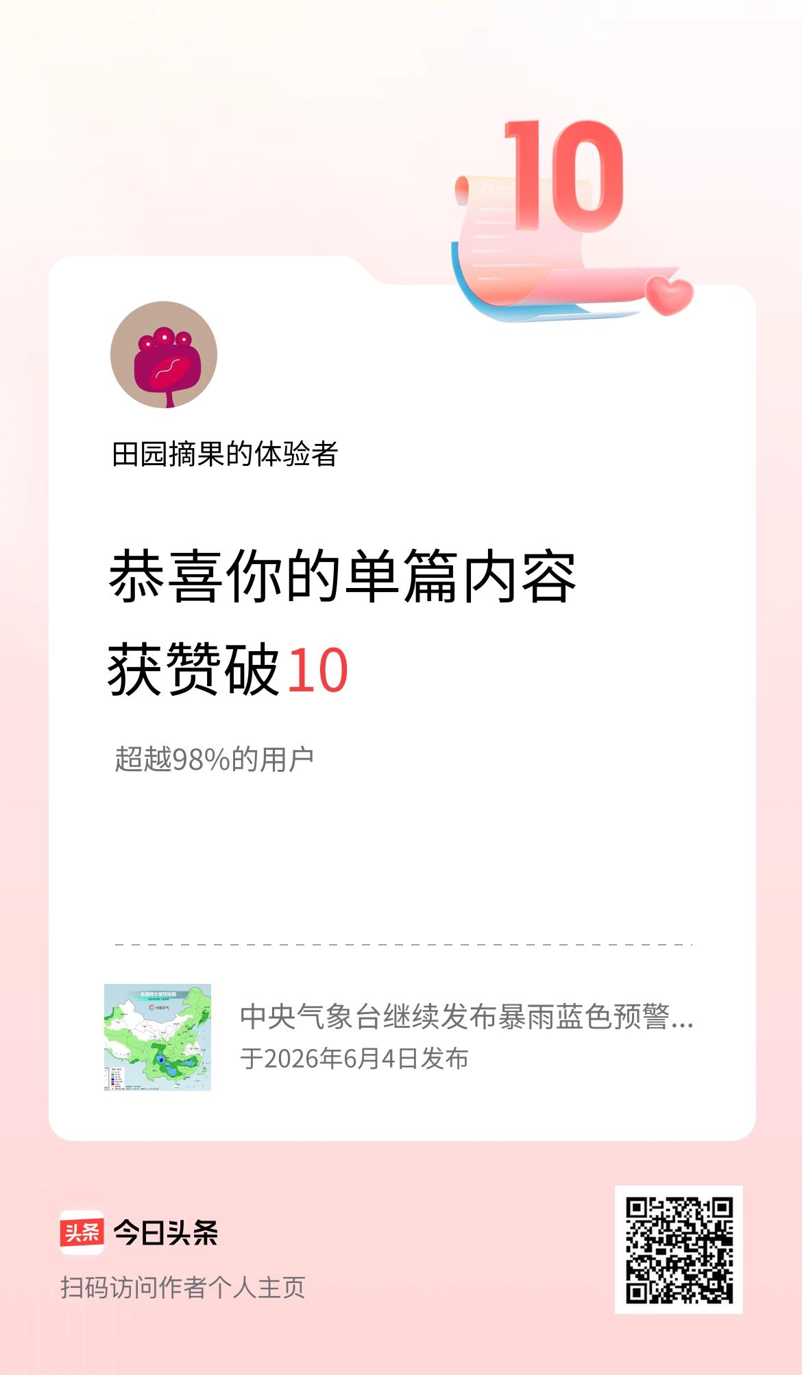 单篇内容获赞量破10啦！