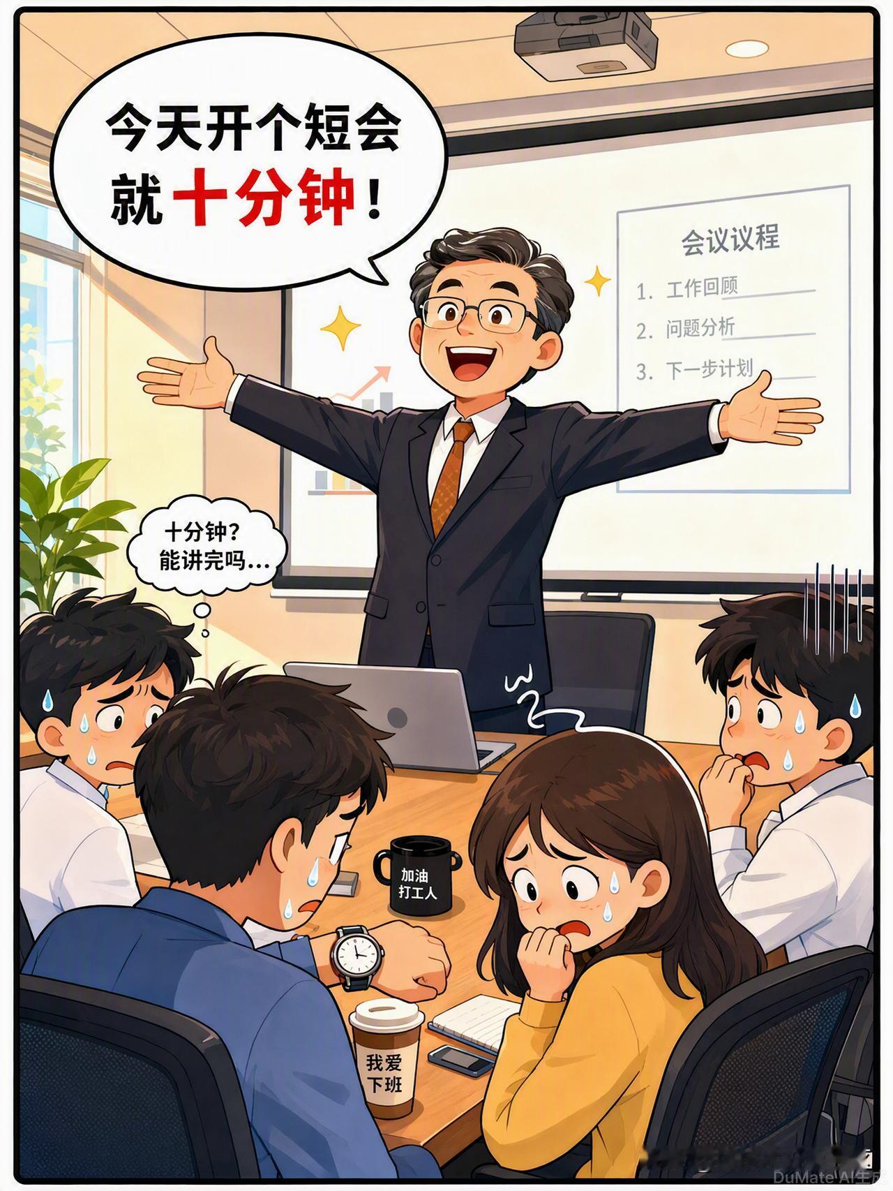 《十分钟短会》

老板周一晨会拍着胸脯说："今天开个短会，就十分钟，很快的！"