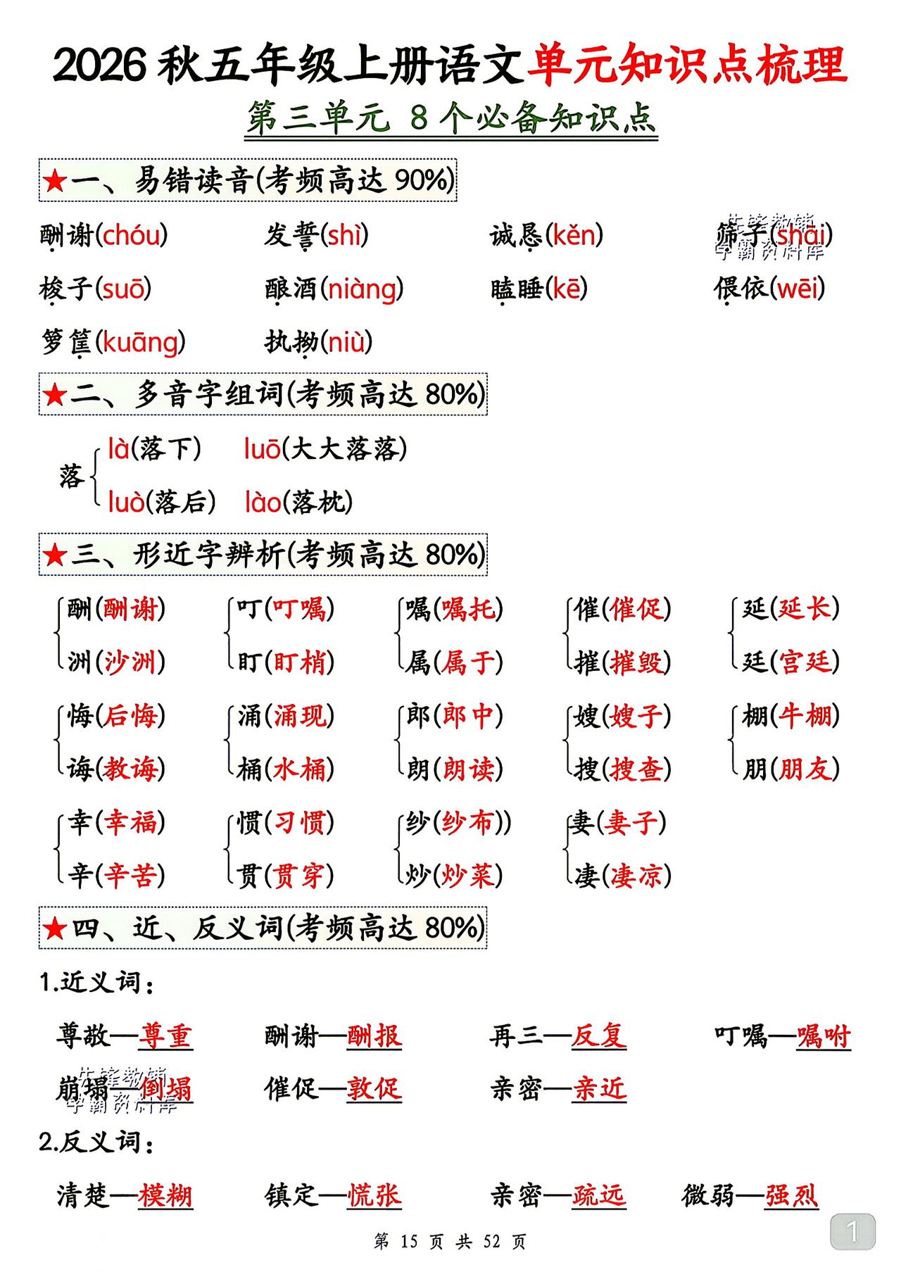 五年级上册语文，第三单元知识点梳理，收藏练习巩固知识~