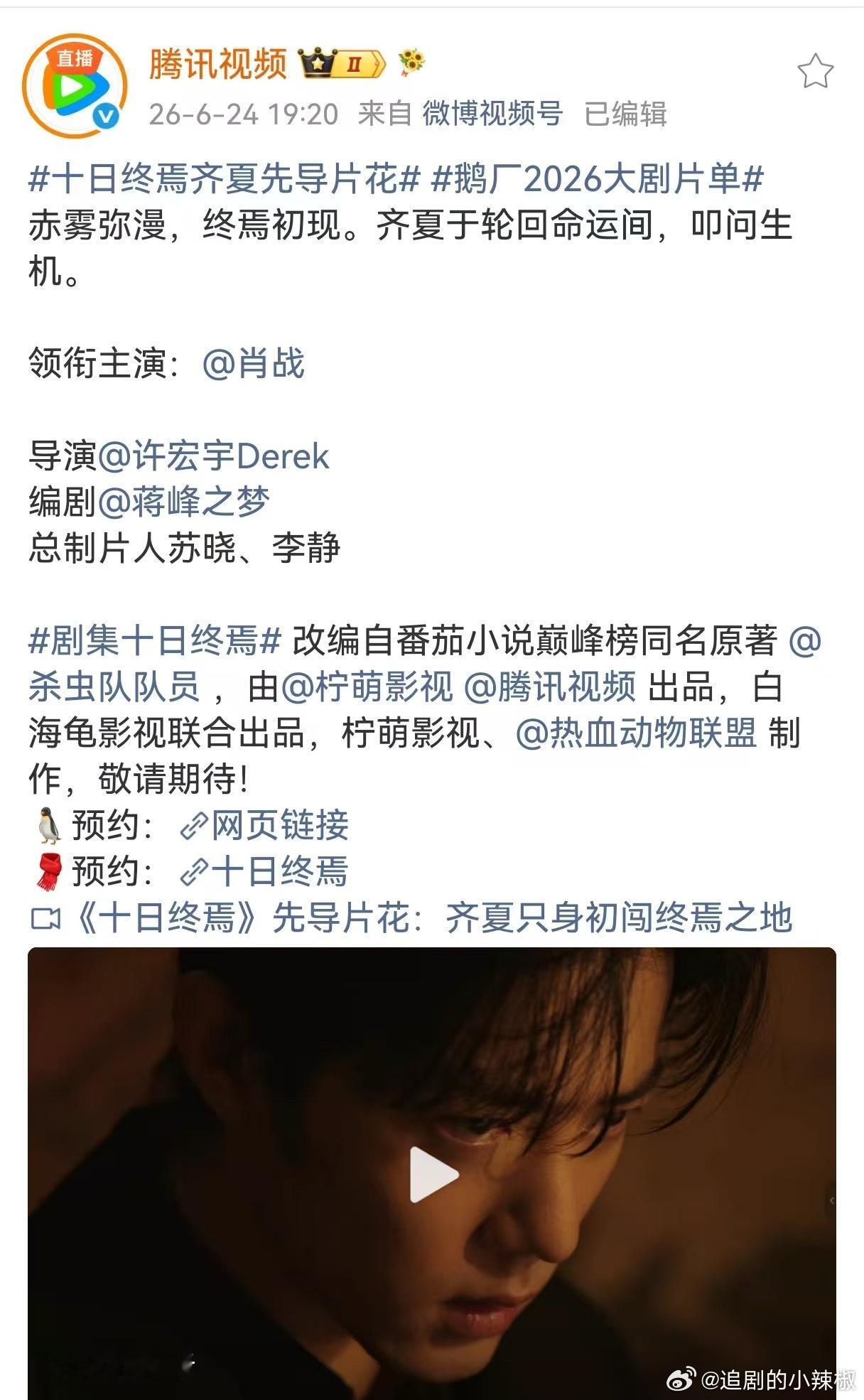 千呼万唤始出来，肖战《十日终焉》来了，大男主单宣扛招商 