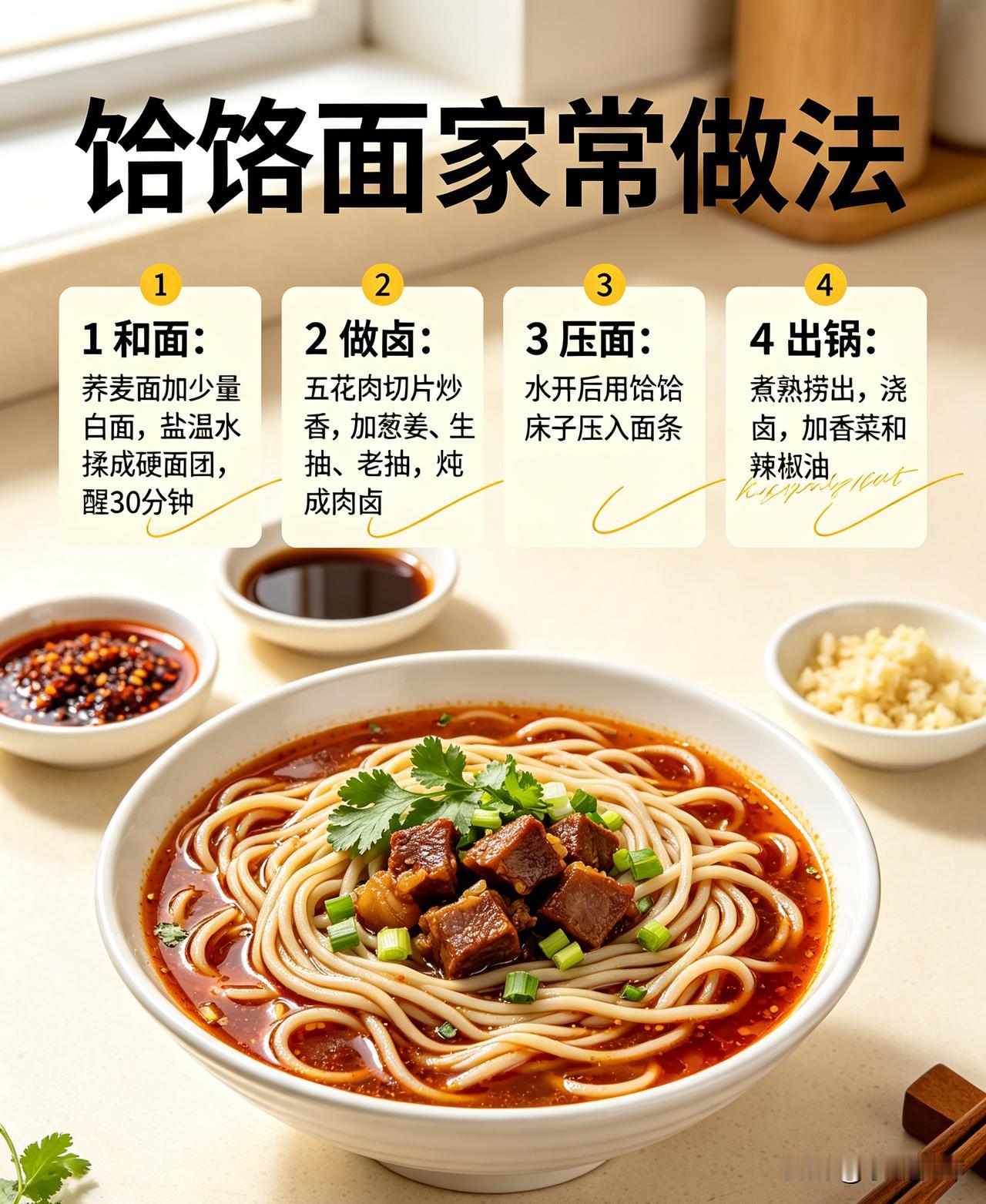 500g荞麦面掺少量白面，加盐温水和面，揉成偏硬光滑面团，醒面30分钟。五花肉切