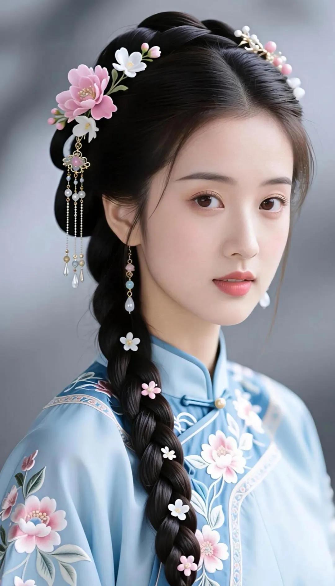 古典美人，花簪垂耳，蓝衣映花，韵味十足。