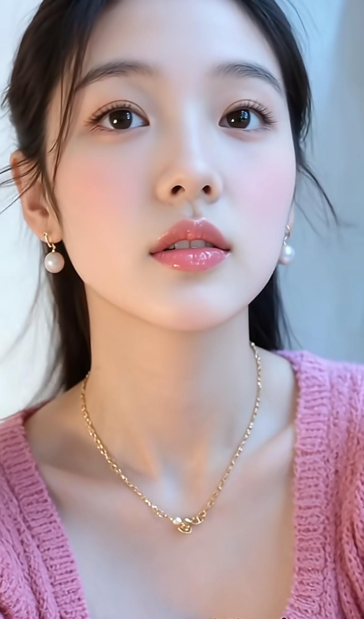 温柔粉毛衣搭配珍珠耳环，少女心满满！💖✨分享绝美美女 珍珠项链配毛衣